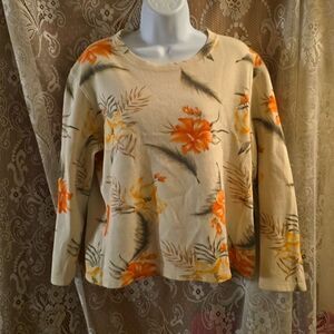 Caribbean Joe Women's L Tropical Peach Yellow Floral Boxy Crop 3/4 Sleeve Top‎